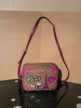 Karl Lagerfeld Brown Monogram Crossbody with Magenta Trim